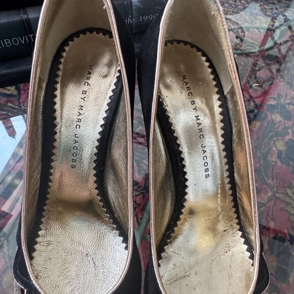 Marc by Marc Jacobs Peep‎ Toe Heels Black Suede SnakeSkin Print Sz EU 38 US 7.5 - Picture 3 of 12